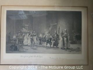 "Procession of the Bull Opis"; framed etching by Frederic A. Bridgman (1847-1928); copyrighted 1881 by George Barrie; 12 1/2 x 16 1/2