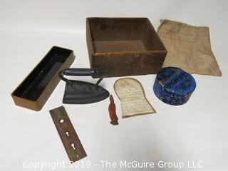 Collection including flat iron and wooden box 