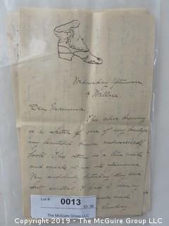 Handwritten Letter, circa 1890 from Smith College student, includes fashion sketches