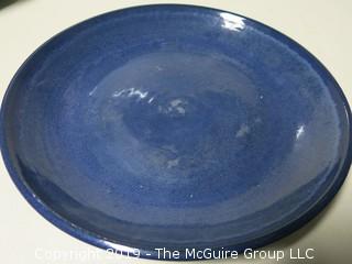 Blue Glazed Pottery Plate (11 1/2" diameter) signed O. Cottier, Sioux Indian, Pine Ridge; and Bowl (9 3/4 diameter x 3 1/4" tall)  signed E. Woody, Sioux Indian, Pine Ridge.  Some abrasion on plate from placement of bowl (See additional info below)