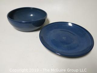 Blue Glazed Pottery Plate (11 1/2" diameter) signed O. Cottier, Sioux Indian, Pine Ridge; and Bowl (9 3/4 diameter x 3 1/4" tall)  signed E. Woody, Sioux Indian, Pine Ridge.  Some abrasion on plate from placement of bowl (See additional info below)