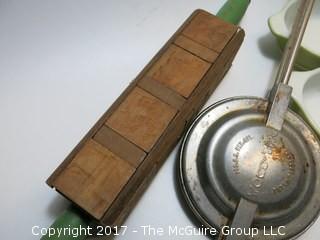 Eclectic collection of kitchenware including carved wooden "butter pat" rolling pin