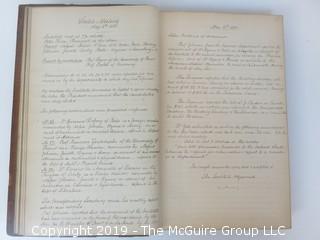 "National Institute For The Promotion of Science; 1840"; leather bound ledger. This is an important historical, scientific and cultural artifact.  Every page and piece of paper has been photographed. The National Institute was the initial repository for collections of artifacts brought to the U.S. by the United States Exploring Expedition of 1838, as well as various other objects accumulated by the government, such as items owned by early American politicians, patent models, and natural objects.  There is an entry on page 25 that records the transfer of a desk used by George Washington to the Institute, as Directed by the President of the United States, with a signature of Z. Taylor. 
The signature has not been authenticated, but it does appear to be in a hand other than the recording secretary. Such artifacts were the precursor to the Smithsonian Institution collection. (142 photos) {Description Altered: Feb. 18; 7:42pm ET; 2019}  