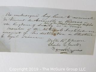 "National Institute For The Promotion of Science; 1840"; leather bound ledger. This is an important historical, scientific and cultural artifact.  Every page and piece of paper has been photographed. The National Institute was the initial repository for collections of artifacts brought to the U.S. by the United States Exploring Expedition of 1838, as well as various other objects accumulated by the government, such as items owned by early American politicians, patent models, and natural objects.  There is an entry on page 25 that records the transfer of a desk used by George Washington to the Institute, as Directed by the President of the United States, with a signature of Z. Taylor. 
The signature has not been authenticated, but it does appear to be in a hand other than the recording secretary. Such artifacts were the precursor to the Smithsonian Institution collection. (142 photos) {Description Altered: Feb. 18; 7:42pm ET; 2019}  