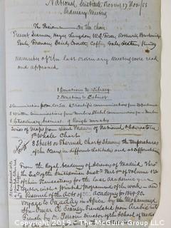 "National Institute For The Promotion of Science; 1840"; leather bound ledger. This is an important historical, scientific and cultural artifact.  Every page and piece of paper has been photographed. The National Institute was the initial repository for collections of artifacts brought to the U.S. by the United States Exploring Expedition of 1838, as well as various other objects accumulated by the government, such as items owned by early American politicians, patent models, and natural objects.  There is an entry on page 25 that records the transfer of a desk used by George Washington to the Institute, as Directed by the President of the United States, with a signature of Z. Taylor. 
The signature has not been authenticated, but it does appear to be in a hand other than the recording secretary. Such artifacts were the precursor to the Smithsonian Institution collection. (142 photos) {Description Altered: Feb. 18; 7:42pm ET; 2019}  