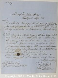 "National Institute For The Promotion of Science; 1840"; leather bound ledger. This is an important historical, scientific and cultural artifact.  Every page and piece of paper has been photographed. The National Institute was the initial repository for collections of artifacts brought to the U.S. by the United States Exploring Expedition of 1838, as well as various other objects accumulated by the government, such as items owned by early American politicians, patent models, and natural objects.  There is an entry on page 25 that records the transfer of a desk used by George Washington to the Institute, as Directed by the President of the United States, with a signature of Z. Taylor. 
The signature has not been authenticated, but it does appear to be in a hand other than the recording secretary. Such artifacts were the precursor to the Smithsonian Institution collection. (142 photos) {Description Altered: Feb. 18; 7:42pm ET; 2019}  