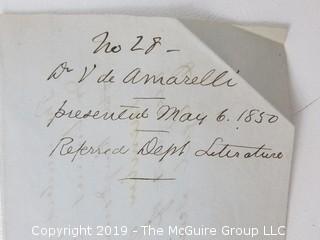 "National Institute For The Promotion of Science; 1840"; leather bound ledger. This is an important historical, scientific and cultural artifact.  Every page and piece of paper has been photographed. The National Institute was the initial repository for collections of artifacts brought to the U.S. by the United States Exploring Expedition of 1838, as well as various other objects accumulated by the government, such as items owned by early American politicians, patent models, and natural objects.  There is an entry on page 25 that records the transfer of a desk used by George Washington to the Institute, as Directed by the President of the United States, with a signature of Z. Taylor. 
The signature has not been authenticated, but it does appear to be in a hand other than the recording secretary. Such artifacts were the precursor to the Smithsonian Institution collection. (142 photos) {Description Altered: Feb. 18; 7:42pm ET; 2019}  