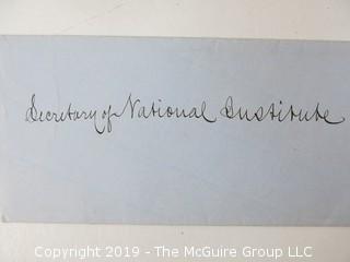 "National Institute For The Promotion of Science; 1840"; leather bound ledger. This is an important historical, scientific and cultural artifact.  Every page and piece of paper has been photographed. The National Institute was the initial repository for collections of artifacts brought to the U.S. by the United States Exploring Expedition of 1838, as well as various other objects accumulated by the government, such as items owned by early American politicians, patent models, and natural objects.  There is an entry on page 25 that records the transfer of a desk used by George Washington to the Institute, as Directed by the President of the United States, with a signature of Z. Taylor. 
The signature has not been authenticated, but it does appear to be in a hand other than the recording secretary. Such artifacts were the precursor to the Smithsonian Institution collection. (142 photos) {Description Altered: Feb. 18; 7:42pm ET; 2019}  