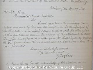 "National Institute For The Promotion of Science; 1840"; leather bound ledger. This is an important historical, scientific and cultural artifact.  Every page and piece of paper has been photographed. The National Institute was the initial repository for collections of artifacts brought to the U.S. by the United States Exploring Expedition of 1838, as well as various other objects accumulated by the government, such as items owned by early American politicians, patent models, and natural objects.  There is an entry on page 25 that records the transfer of a desk used by George Washington to the Institute, as Directed by the President of the United States, with a signature of Z. Taylor. 
The signature has not been authenticated, but it does appear to be in a hand other than the recording secretary. Such artifacts were the precursor to the Smithsonian Institution collection. (142 photos) {Description Altered: Feb. 18; 7:42pm ET; 2019}  