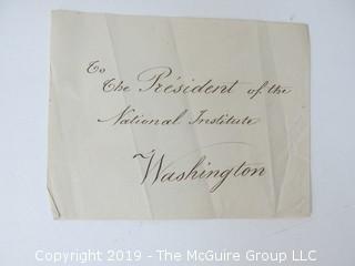 "National Institute For The Promotion of Science; 1840"; leather bound ledger. This is an important historical, scientific and cultural artifact.  Every page and piece of paper has been photographed. The National Institute was the initial repository for collections of artifacts brought to the U.S. by the United States Exploring Expedition of 1838, as well as various other objects accumulated by the government, such as items owned by early American politicians, patent models, and natural objects.  There is an entry on page 25 that records the transfer of a desk used by George Washington to the Institute, as Directed by the President of the United States, with a signature of Z. Taylor. 
The signature has not been authenticated, but it does appear to be in a hand other than the recording secretary. Such artifacts were the precursor to the Smithsonian Institution collection. (142 photos) {Description Altered: Feb. 18; 7:42pm ET; 2019}  
