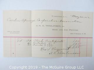 Mr. Curtis and Mr. Burdett established The Carlin Springs Cooperative Association in 1888.  Everything found pursuant to the Association is being offered in this 1 Lot, as there may be an interest in keeping it together for historical preservation.  The Association, the first planned community in Arlington County and one of the first nationwide, offered 360 shares at $50 each.  The Association was disbanded in 1924, and included here are stock certificates issued and redeemed that comprise 329 of the 360 shares in the offering.  In addition, there are cards indicating the Stock Cert #, the number of shares, the Purchaser, the Lot and Block #'s.  Also included are voluminous papers that encompass the Treasurer's reports, invoices, advertisements, management notes and correspondence.  (Note:  If you would like to inspect, text me at 202-441-5446  to set up a appointment in a warm environment) 247 photos