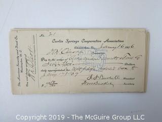 Mr. Curtis and Mr. Burdett established The Carlin Springs Cooperative Association in 1888.  Everything found pursuant to the Association is being offered in this 1 Lot, as there may be an interest in keeping it together for historical preservation.  The Association, the first planned community in Arlington County and one of the first nationwide, offered 360 shares at $50 each.  The Association was disbanded in 1924, and included here are stock certificates issued and redeemed that comprise 329 of the 360 shares in the offering.  In addition, there are cards indicating the Stock Cert #, the number of shares, the Purchaser, the Lot and Block #'s.  Also included are voluminous papers that encompass the Treasurer's reports, invoices, advertisements, management notes and correspondence.  (Note:  If you would like to inspect, text me at 202-441-5446  to set up a appointment in a warm environment) 247 photos