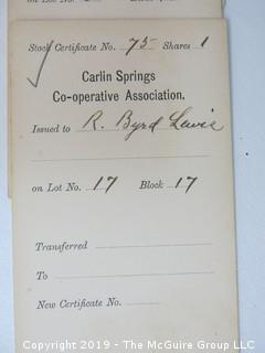 Mr. Curtis and Mr. Burdett established The Carlin Springs Cooperative Association in 1888.  Everything found pursuant to the Association is being offered in this 1 Lot, as there may be an interest in keeping it together for historical preservation.  The Association, the first planned community in Arlington County and one of the first nationwide, offered 360 shares at $50 each.  The Association was disbanded in 1924, and included here are stock certificates issued and redeemed that comprise 329 of the 360 shares in the offering.  In addition, there are cards indicating the Stock Cert #, the number of shares, the Purchaser, the Lot and Block #'s.  Also included are voluminous papers that encompass the Treasurer's reports, invoices, advertisements, management notes and correspondence.  (Note:  If you would like to inspect, text me at 202-441-5446  to set up a appointment in a warm environment) 247 photos