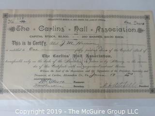 Mr. Curtis and Mr. Burdett established The Carlin Springs Cooperative Association in 1888.  Everything found pursuant to the Association is being offered in this 1 Lot, as there may be an interest in keeping it together for historical preservation.  The Association, the first planned community in Arlington County and one of the first nationwide, offered 360 shares at $50 each.  The Association was disbanded in 1924, and included here are stock certificates issued and redeemed that comprise 329 of the 360 shares in the offering.  In addition, there are cards indicating the Stock Cert #, the number of shares, the Purchaser, the Lot and Block #'s.  Also included are voluminous papers that encompass the Treasurer's reports, invoices, advertisements, management notes and correspondence.  (Note:  If you would like to inspect, text me at 202-441-5446  to set up a appointment in a warm environment) 247 photos