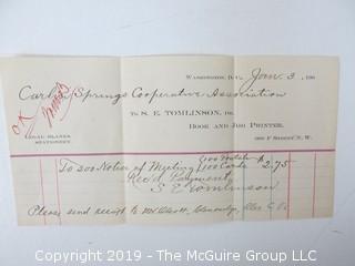 Mr. Curtis and Mr. Burdett established The Carlin Springs Cooperative Association in 1888.  Everything found pursuant to the Association is being offered in this 1 Lot, as there may be an interest in keeping it together for historical preservation.  The Association, the first planned community in Arlington County and one of the first nationwide, offered 360 shares at $50 each.  The Association was disbanded in 1924, and included here are stock certificates issued and redeemed that comprise 329 of the 360 shares in the offering.  In addition, there are cards indicating the Stock Cert #, the number of shares, the Purchaser, the Lot and Block #'s.  Also included are voluminous papers that encompass the Treasurer's reports, invoices, advertisements, management notes and correspondence.  (Note:  If you would like to inspect, text me at 202-441-5446  to set up a appointment in a warm environment) 247 photos