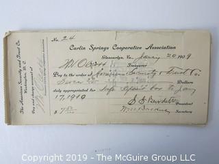 Mr. Curtis and Mr. Burdett established The Carlin Springs Cooperative Association in 1888.  Everything found pursuant to the Association is being offered in this 1 Lot, as there may be an interest in keeping it together for historical preservation.  The Association, the first planned community in Arlington County and one of the first nationwide, offered 360 shares at $50 each.  The Association was disbanded in 1924, and included here are stock certificates issued and redeemed that comprise 329 of the 360 shares in the offering.  In addition, there are cards indicating the Stock Cert #, the number of shares, the Purchaser, the Lot and Block #'s.  Also included are voluminous papers that encompass the Treasurer's reports, invoices, advertisements, management notes and correspondence.  (Note:  If you would like to inspect, text me at 202-441-5446  to set up a appointment in a warm environment) 247 photos