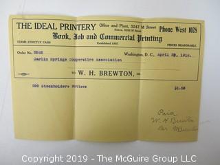 Mr. Curtis and Mr. Burdett established The Carlin Springs Cooperative Association in 1888.  Everything found pursuant to the Association is being offered in this 1 Lot, as there may be an interest in keeping it together for historical preservation.  The Association, the first planned community in Arlington County and one of the first nationwide, offered 360 shares at $50 each.  The Association was disbanded in 1924, and included here are stock certificates issued and redeemed that comprise 329 of the 360 shares in the offering.  In addition, there are cards indicating the Stock Cert #, the number of shares, the Purchaser, the Lot and Block #'s.  Also included are voluminous papers that encompass the Treasurer's reports, invoices, advertisements, management notes and correspondence.  (Note:  If you would like to inspect, text me at 202-441-5446  to set up a appointment in a warm environment) 247 photos