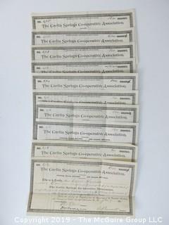 Mr. Curtis and Mr. Burdett established The Carlin Springs Cooperative Association in 1888.  Everything found pursuant to the Association is being offered in this 1 Lot, as there may be an interest in keeping it together for historical preservation.  The Association, the first planned community in Arlington County and one of the first nationwide, offered 360 shares at $50 each.  The Association was disbanded in 1924, and included here are stock certificates issued and redeemed that comprise 329 of the 360 shares in the offering.  In addition, there are cards indicating the Stock Cert #, the number of shares, the Purchaser, the Lot and Block #'s.  Also included are voluminous papers that encompass the Treasurer's reports, invoices, advertisements, management notes and correspondence.  (Note:  If you would like to inspect, text me at 202-441-5446  to set up a appointment in a warm environment) 247 photos