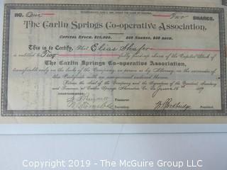 Mr. Curtis and Mr. Burdett established The Carlin Springs Cooperative Association in 1888.  Everything found pursuant to the Association is being offered in this 1 Lot, as there may be an interest in keeping it together for historical preservation.  The Association, the first planned community in Arlington County and one of the first nationwide, offered 360 shares at $50 each.  The Association was disbanded in 1924, and included here are stock certificates issued and redeemed that comprise 329 of the 360 shares in the offering.  In addition, there are cards indicating the Stock Cert #, the number of shares, the Purchaser, the Lot and Block #'s.  Also included are voluminous papers that encompass the Treasurer's reports, invoices, advertisements, management notes and correspondence.  (Note:  If you would like to inspect, text me at 202-441-5446  to set up a appointment in a warm environment) 247 photos