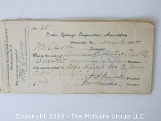 Mr. Curtis and Mr. Burdett established The Carlin Springs Cooperative Association in 1888.  Everything found pursuant to the Association is being offered in this 1 Lot, as there may be an interest in keeping it together for historical preservation.  The Association, the first planned community in Arlington County and one of the first nationwide, offered 360 shares at $50 each.  The Association was disbanded in 1924, and included here are stock certificates issued and redeemed that comprise 329 of the 360 shares in the offering.  In addition, there are cards indicating the Stock Cert #, the number of shares, the Purchaser, the Lot and Block #'s.  Also included are voluminous papers that encompass the Treasurer's reports, invoices, advertisements, management notes and correspondence.  (Note:  If you would like to inspect, text me at 202-441-5446  to set up a appointment in a warm environment) 247 photos