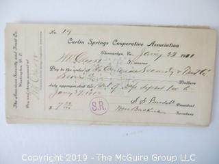 Mr. Curtis and Mr. Burdett established The Carlin Springs Cooperative Association in 1888.  Everything found pursuant to the Association is being offered in this 1 Lot, as there may be an interest in keeping it together for historical preservation.  The Association, the first planned community in Arlington County and one of the first nationwide, offered 360 shares at $50 each.  The Association was disbanded in 1924, and included here are stock certificates issued and redeemed that comprise 329 of the 360 shares in the offering.  In addition, there are cards indicating the Stock Cert #, the number of shares, the Purchaser, the Lot and Block #'s.  Also included are voluminous papers that encompass the Treasurer's reports, invoices, advertisements, management notes and correspondence.  (Note:  If you would like to inspect, text me at 202-441-5446  to set up a appointment in a warm environment) 247 photos