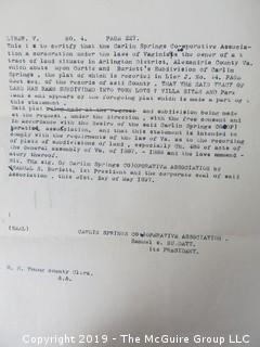 Mr. Curtis and Mr. Burdett established The Carlin Springs Cooperative Association in 1888.  Everything found pursuant to the Association is being offered in this 1 Lot, as there may be an interest in keeping it together for historical preservation.  The Association, the first planned community in Arlington County and one of the first nationwide, offered 360 shares at $50 each.  The Association was disbanded in 1924, and included here are stock certificates issued and redeemed that comprise 329 of the 360 shares in the offering.  In addition, there are cards indicating the Stock Cert #, the number of shares, the Purchaser, the Lot and Block #'s.  Also included are voluminous papers that encompass the Treasurer's reports, invoices, advertisements, management notes and correspondence.  (Note:  If you would like to inspect, text me at 202-441-5446  to set up a appointment in a warm environment) 247 photos