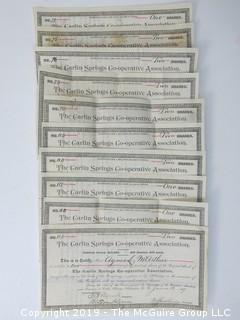 Mr. Curtis and Mr. Burdett established The Carlin Springs Cooperative Association in 1888.  Everything found pursuant to the Association is being offered in this 1 Lot, as there may be an interest in keeping it together for historical preservation.  The Association, the first planned community in Arlington County and one of the first nationwide, offered 360 shares at $50 each.  The Association was disbanded in 1924, and included here are stock certificates issued and redeemed that comprise 329 of the 360 shares in the offering.  In addition, there are cards indicating the Stock Cert #, the number of shares, the Purchaser, the Lot and Block #'s.  Also included are voluminous papers that encompass the Treasurer's reports, invoices, advertisements, management notes and correspondence.  (Note:  If you would like to inspect, text me at 202-441-5446  to set up a appointment in a warm environment) 247 photos