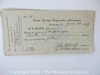 Mr. Curtis and Mr. Burdett established The Carlin Springs Cooperative Association in 1888.  Everything found pursuant to the Association is being offered in this 1 Lot, as there may be an interest in keeping it together for historical preservation.  The Association, the first planned community in Arlington County and one of the first nationwide, offered 360 shares at $50 each.  The Association was disbanded in 1924, and included here are stock certificates issued and redeemed that comprise 329 of the 360 shares in the offering.  In addition, there are cards indicating the Stock Cert #, the number of shares, the Purchaser, the Lot and Block #'s.  Also included are voluminous papers that encompass the Treasurer's reports, invoices, advertisements, management notes and correspondence.  (Note:  If you would like to inspect, text me at 202-441-5446  to set up a appointment in a warm environment) 247 photos