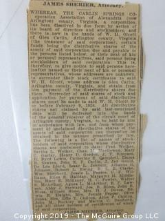 Mr. Curtis and Mr. Burdett established The Carlin Springs Cooperative Association in 1888.  Everything found pursuant to the Association is being offered in this 1 Lot, as there may be an interest in keeping it together for historical preservation.  The Association, the first planned community in Arlington County and one of the first nationwide, offered 360 shares at $50 each.  The Association was disbanded in 1924, and included here are stock certificates issued and redeemed that comprise 329 of the 360 shares in the offering.  In addition, there are cards indicating the Stock Cert #, the number of shares, the Purchaser, the Lot and Block #'s.  Also included are voluminous papers that encompass the Treasurer's reports, invoices, advertisements, management notes and correspondence.  (Note:  If you would like to inspect, text me at 202-441-5446  to set up a appointment in a warm environment) 247 photos