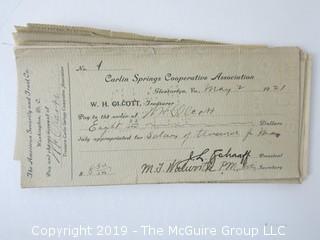 Mr. Curtis and Mr. Burdett established The Carlin Springs Cooperative Association in 1888.  Everything found pursuant to the Association is being offered in this 1 Lot, as there may be an interest in keeping it together for historical preservation.  The Association, the first planned community in Arlington County and one of the first nationwide, offered 360 shares at $50 each.  The Association was disbanded in 1924, and included here are stock certificates issued and redeemed that comprise 329 of the 360 shares in the offering.  In addition, there are cards indicating the Stock Cert #, the number of shares, the Purchaser, the Lot and Block #'s.  Also included are voluminous papers that encompass the Treasurer's reports, invoices, advertisements, management notes and correspondence.  (Note:  If you would like to inspect, text me at 202-441-5446  to set up a appointment in a warm environment) 247 photos