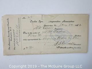 Mr. Curtis and Mr. Burdett established The Carlin Springs Cooperative Association in 1888.  Everything found pursuant to the Association is being offered in this 1 Lot, as there may be an interest in keeping it together for historical preservation.  The Association, the first planned community in Arlington County and one of the first nationwide, offered 360 shares at $50 each.  The Association was disbanded in 1924, and included here are stock certificates issued and redeemed that comprise 329 of the 360 shares in the offering.  In addition, there are cards indicating the Stock Cert #, the number of shares, the Purchaser, the Lot and Block #'s.  Also included are voluminous papers that encompass the Treasurer's reports, invoices, advertisements, management notes and correspondence.  (Note:  If you would like to inspect, text me at 202-441-5446  to set up a appointment in a warm environment) 247 photos