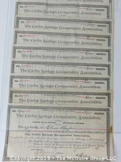 Mr. Curtis and Mr. Burdett established The Carlin Springs Cooperative Association in 1888.  Everything found pursuant to the Association is being offered in this 1 Lot, as there may be an interest in keeping it together for historical preservation.  The Association, the first planned community in Arlington County and one of the first nationwide, offered 360 shares at $50 each.  The Association was disbanded in 1924, and included here are stock certificates issued and redeemed that comprise 329 of the 360 shares in the offering.  In addition, there are cards indicating the Stock Cert #, the number of shares, the Purchaser, the Lot and Block #'s.  Also included are voluminous papers that encompass the Treasurer's reports, invoices, advertisements, management notes and correspondence.  (Note:  If you would like to inspect, text me at 202-441-5446  to set up a appointment in a warm environment) 247 photos