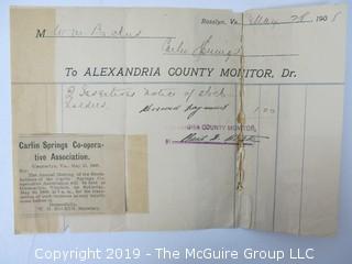 Mr. Curtis and Mr. Burdett established The Carlin Springs Cooperative Association in 1888.  Everything found pursuant to the Association is being offered in this 1 Lot, as there may be an interest in keeping it together for historical preservation.  The Association, the first planned community in Arlington County and one of the first nationwide, offered 360 shares at $50 each.  The Association was disbanded in 1924, and included here are stock certificates issued and redeemed that comprise 329 of the 360 shares in the offering.  In addition, there are cards indicating the Stock Cert #, the number of shares, the Purchaser, the Lot and Block #'s.  Also included are voluminous papers that encompass the Treasurer's reports, invoices, advertisements, management notes and correspondence.  (Note:  If you would like to inspect, text me at 202-441-5446  to set up a appointment in a warm environment) 247 photos
