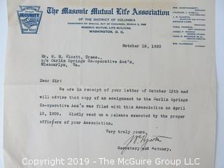 Mr. Curtis and Mr. Burdett established The Carlin Springs Cooperative Association in 1888.  Everything found pursuant to the Association is being offered in this 1 Lot, as there may be an interest in keeping it together for historical preservation.  The Association, the first planned community in Arlington County and one of the first nationwide, offered 360 shares at $50 each.  The Association was disbanded in 1924, and included here are stock certificates issued and redeemed that comprise 329 of the 360 shares in the offering.  In addition, there are cards indicating the Stock Cert #, the number of shares, the Purchaser, the Lot and Block #'s.  Also included are voluminous papers that encompass the Treasurer's reports, invoices, advertisements, management notes and correspondence.  (Note:  If you would like to inspect, text me at 202-441-5446  to set up a appointment in a warm environment) 247 photos