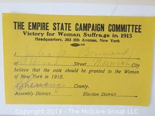 Documents from the New York Women's Suffrage Campaign of 1915; including expense reports of Jane Olcott from the field; a 3 page update to the troops from Carrie Chapman Catt; and a letter from Josephine Carey, Street Railway Employees' Union, asking her members to support the women on Nov. 2, 1915. 
   