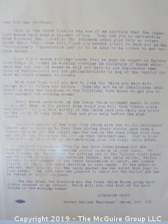 Documents from the New York Women's Suffrage Campaign of 1915; including expense reports of Jane Olcott from the field; a 3 page update to the troops from Carrie Chapman Catt; and a letter from Josephine Carey, Street Railway Employees' Union, asking her members to support the women on Nov. 2, 1915. 
   