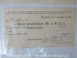 Freemasonry memorabilia circa 1902-05 receipts for dues of the Orient Commandery, #5 K.T.; Washington DC