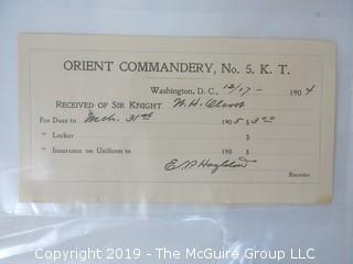 Freemasonry memorabilia circa 1902-05 receipts for dues of the Orient Commandery, #5 K.T.; Washington DC