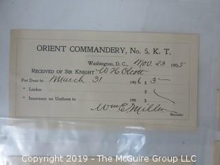 Freemasonry memorabilia circa 1902-05 receipts for dues of the Orient Commandery, #5 K.T.; Washington DC