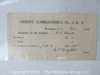 Freemasonry memorabilia circa 1902-05 receipts for dues of the Orient Commandery, #5 K.T.; Washington DC