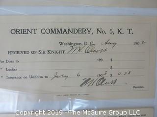 Freemasonry memorabilia circa 1902-05 receipts for dues of the Orient Commandery, #5 K.T.; Washington DC