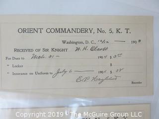 Freemasonry memorabilia circa 1902-05 receipts for dues of the Orient Commandery, #5 K.T.; Washington DC