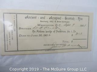 Freemasonry memorabilia circa 1900 dues receipts from various Chapters 