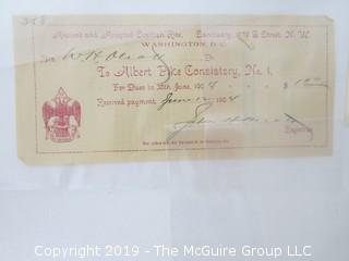 Freemasonry memorabilia circa 1900 dues receipts from various Chapters 