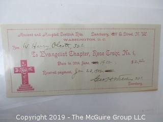 Freemasonry memorabilia circa 1900 dues receipts from various Chapters 