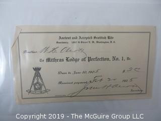 Freemasonry memorabilia circa 1900 dues receipts from various Chapters 