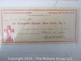 Freemasonry memorabilia circa 1900 dues receipts from various Chapters 