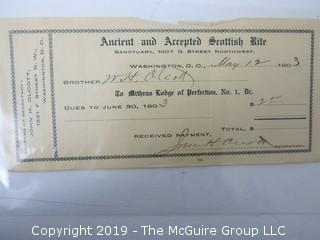 Freemasonry memorabilia circa 1900 dues receipts from various Chapters 