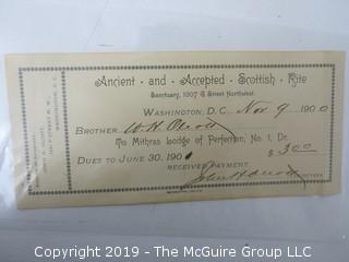 Freemasonry memorabilia circa 1900 dues receipts from various Chapters 