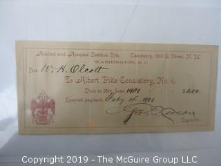 Freemasonry memorabilia circa 1900 dues receipts from various Chapters 